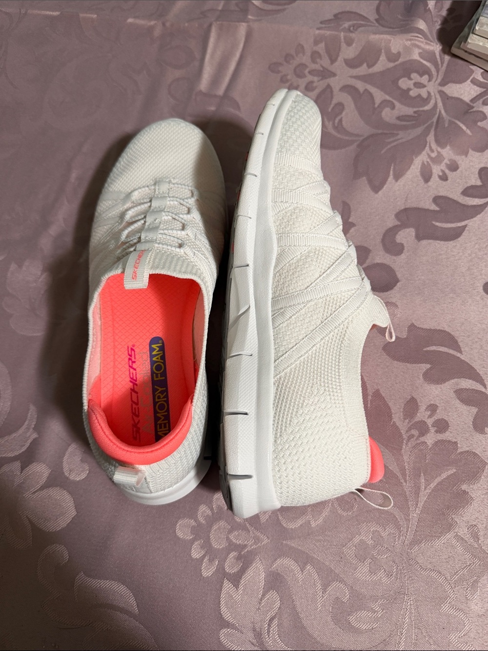 Skechers White Knit Slip-On Sneakers with Coral Pink Insole